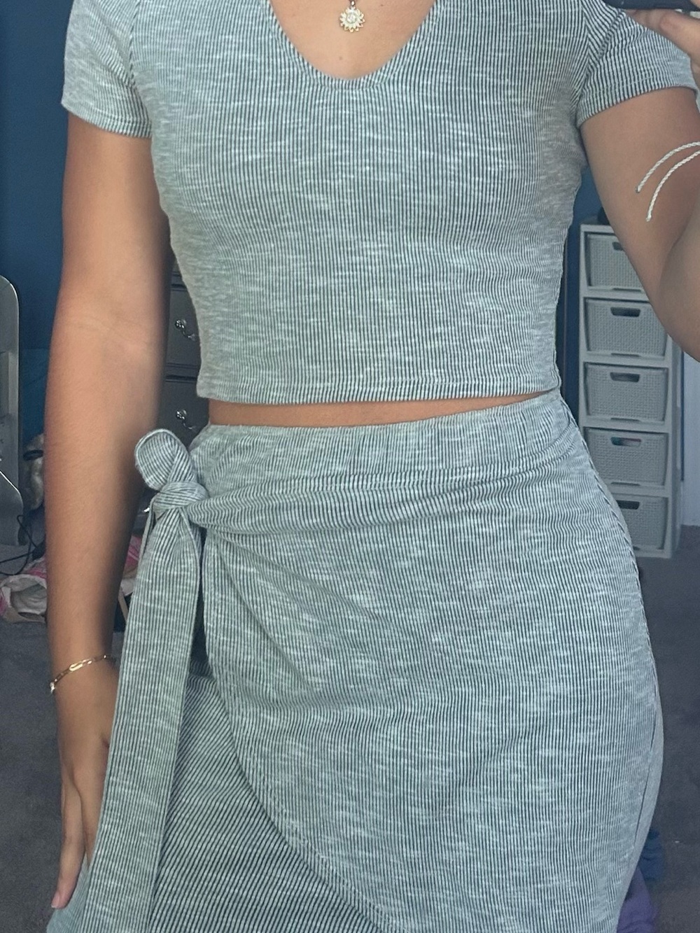 Sadie & Sage Light Gray Ribbed Crop Top and Wrap Skirt Set